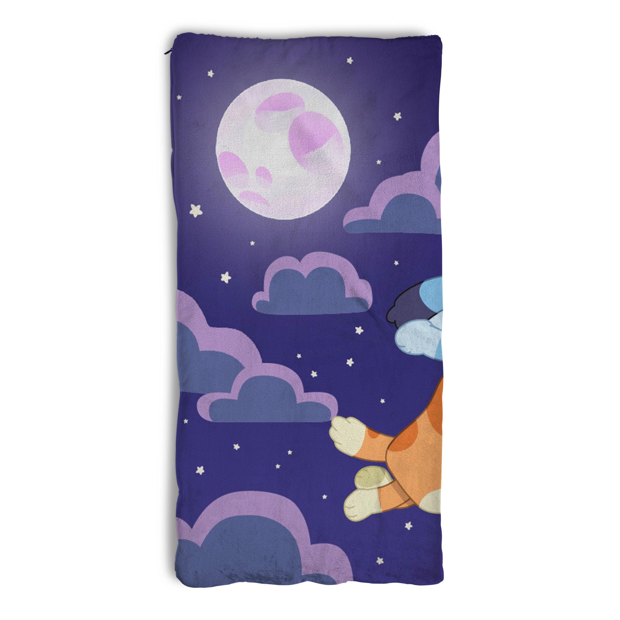 Northwest Bluey Silk Touch Slumber Bag prints featuring Bluey characters for themed sleepovers.