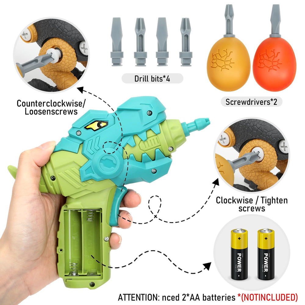 NORYOSE dinosaur toy set includes drill, bits, and screwdrivers for interactive assembly.