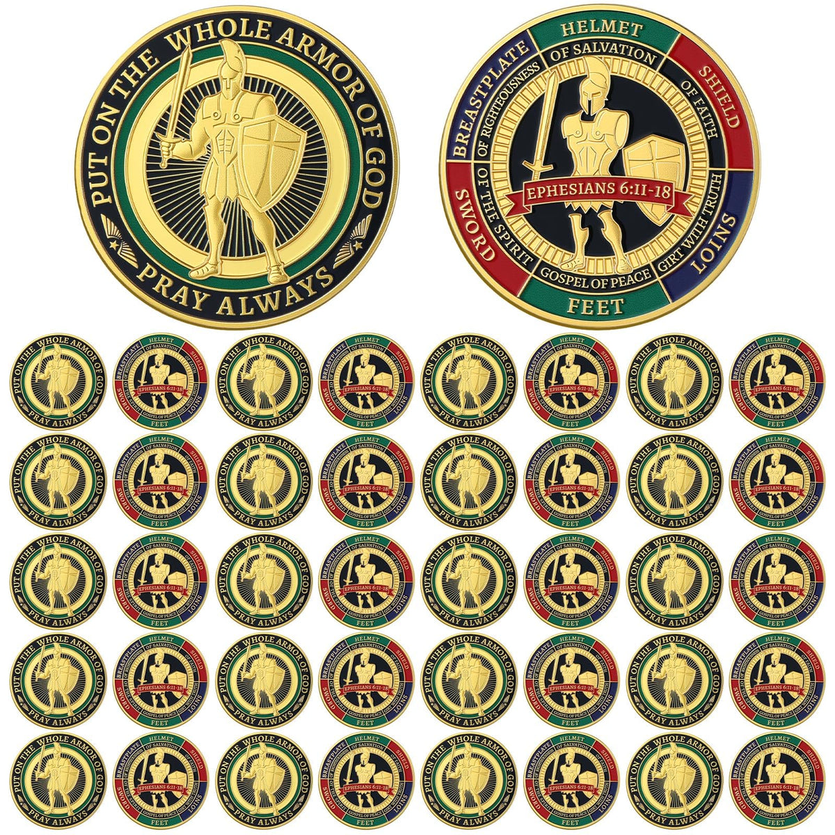 Nosiny armor coins pocket-size closeup, durable zinc alloy for everyday faith reminders.