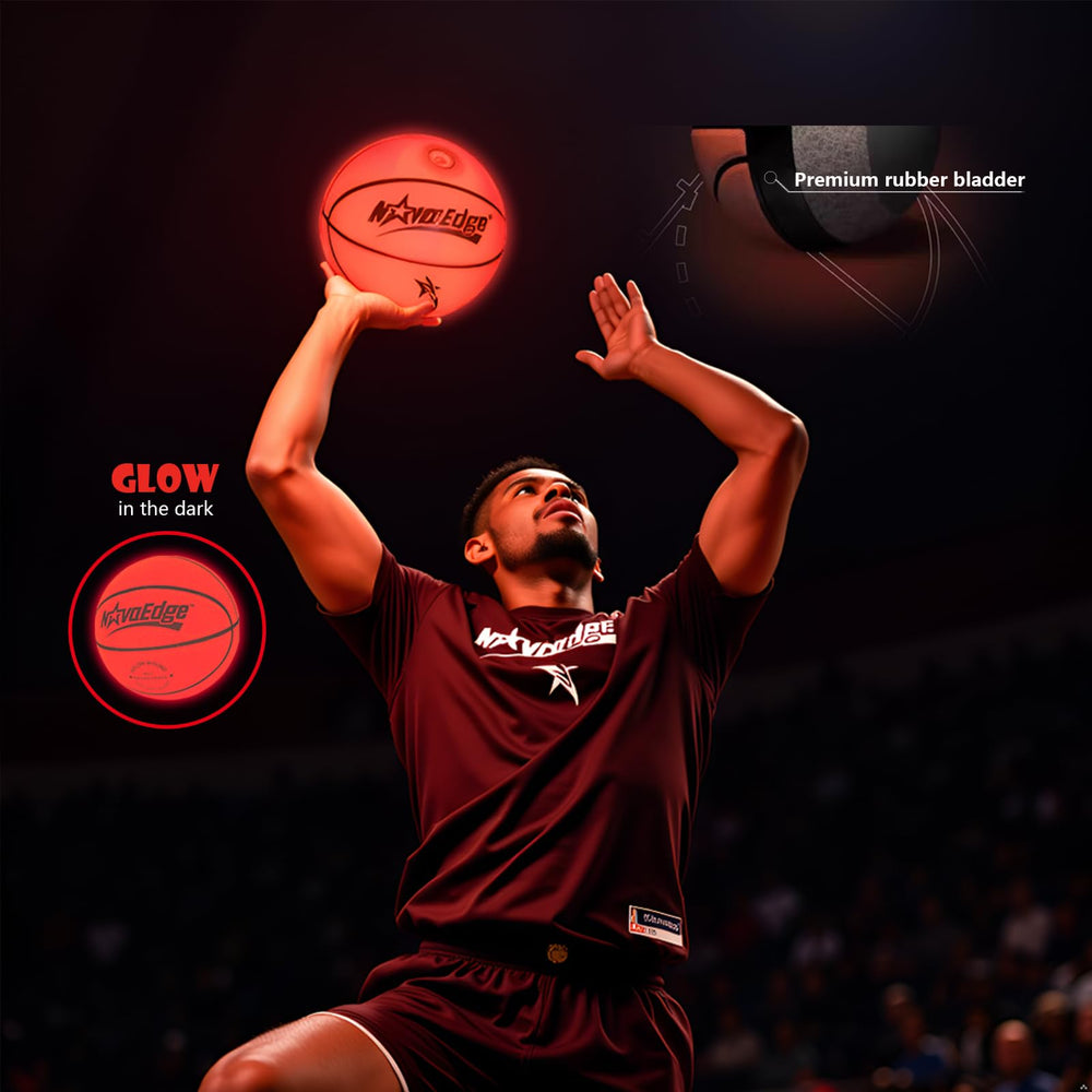 NovaEdge Glow basketball with leather-like surface for rugged play.