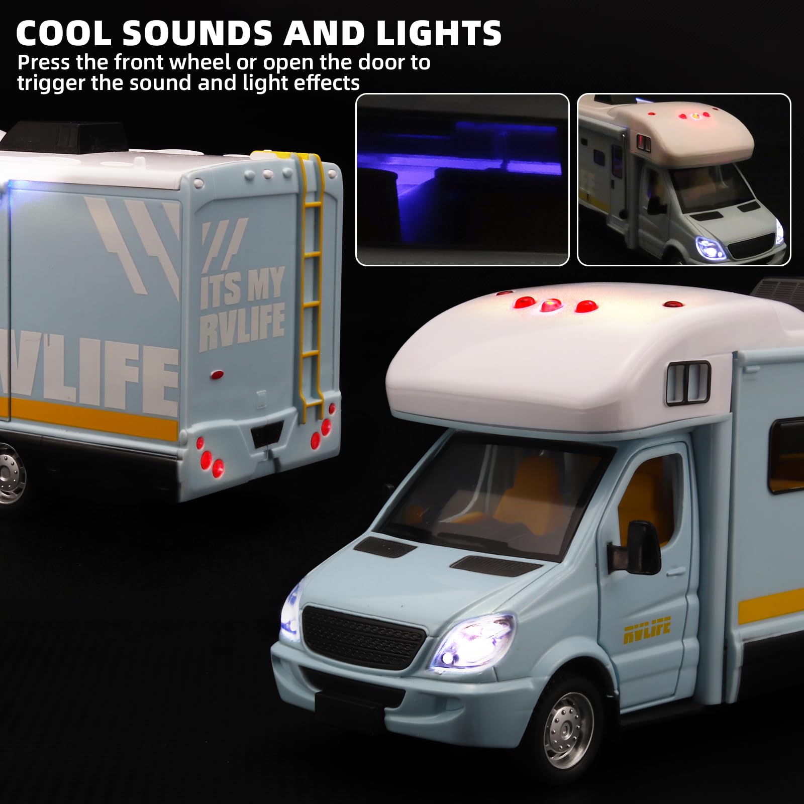 NOVAFUSION blue camper with open door and extendable awning for open-ended play.