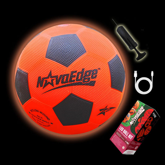 NovaEdge LED soccer ball during a kick with vivid red glow