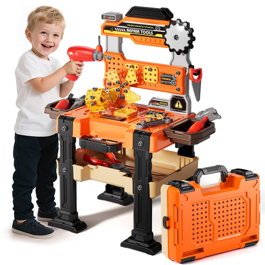 Novaluki tools bench assembled for kids, encouraging imaginative construction play and neat storage.