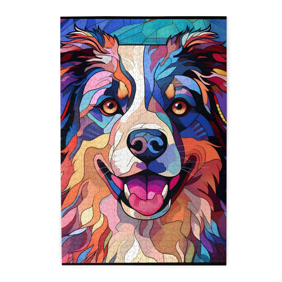 Novgift Australian Shepherd 1000-piece puzzle cover with vibrant stained-glass colors for family bonding.