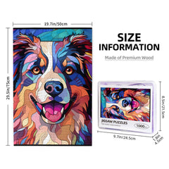 Novgift Australian Shepherd colorized art puzzle shows a playful dog portrait during assembly.