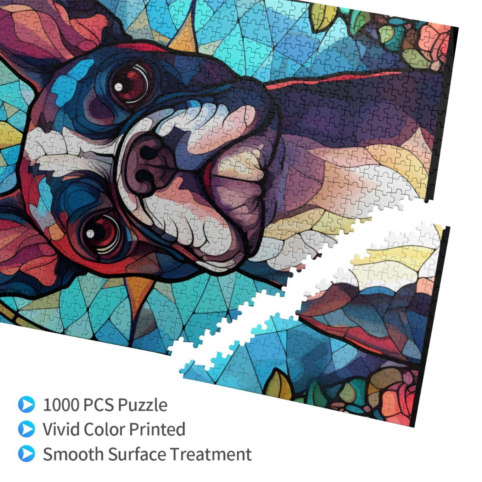 Novgift Boston Terrier puzzle close-up shows colorful pieces for focused concentration.