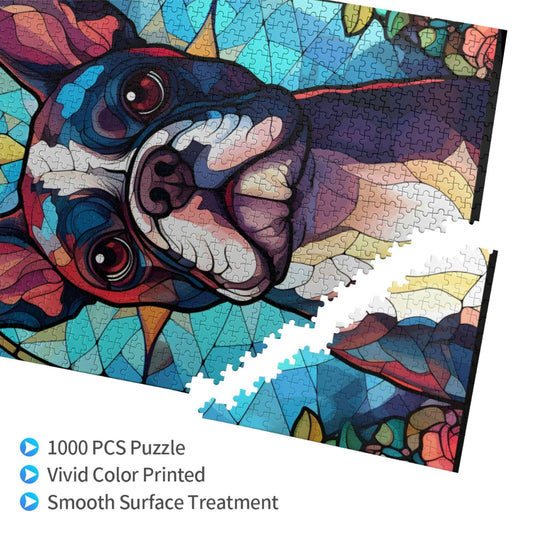 Novgift Boston Terrier puzzle close-up shows colorful pieces for focused concentration.