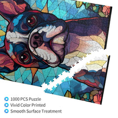 Novgift Boston Terrier puzzle close-up shows colorful pieces for focused concentration.