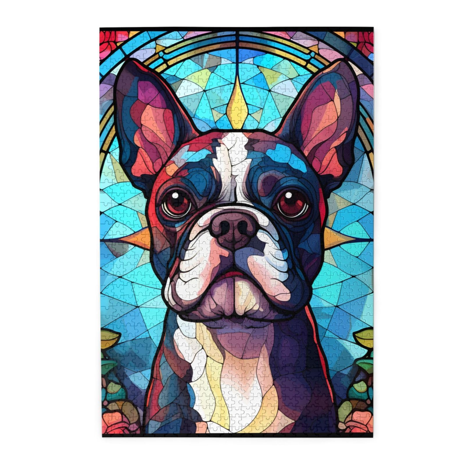 Novgift Boston Terrier puzzle: wooden 1000-piece set with stained glass art for family fun.
