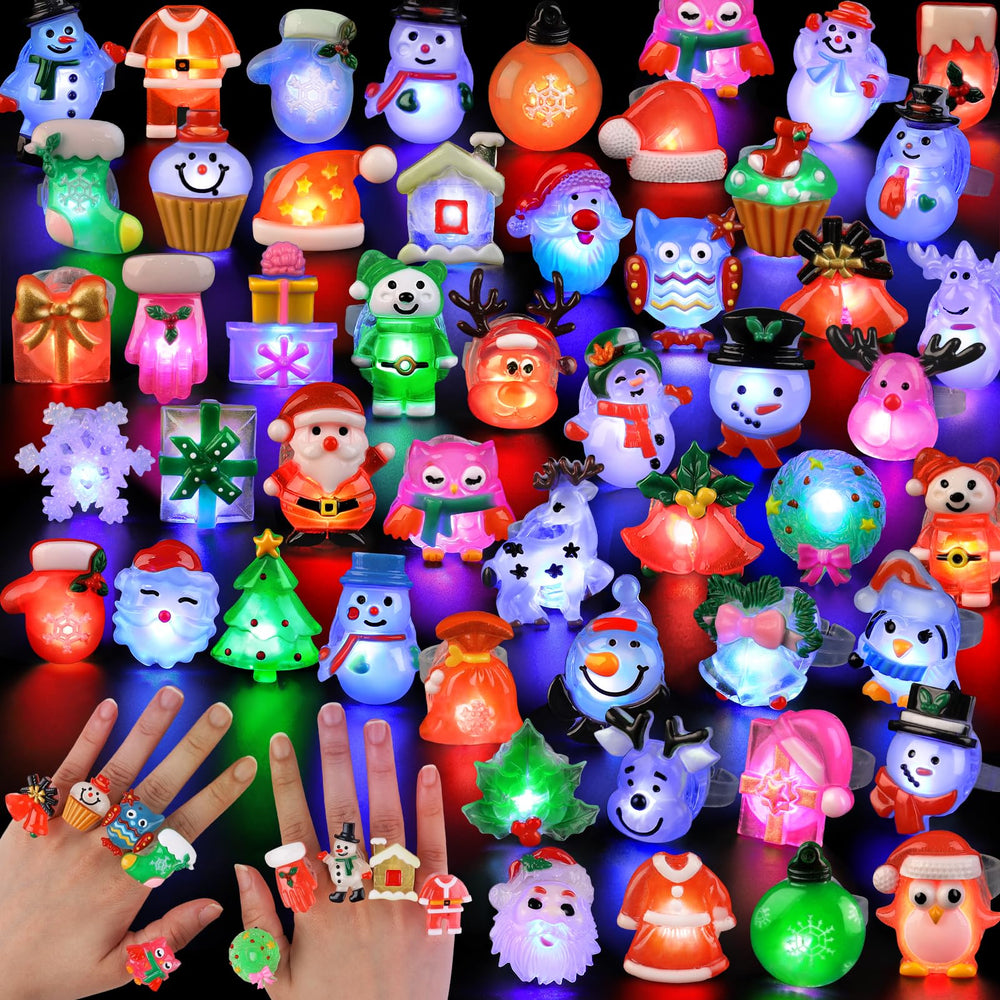 NPET 50-piece Christmas LED rings with varied patterns glow vividly for celebrations