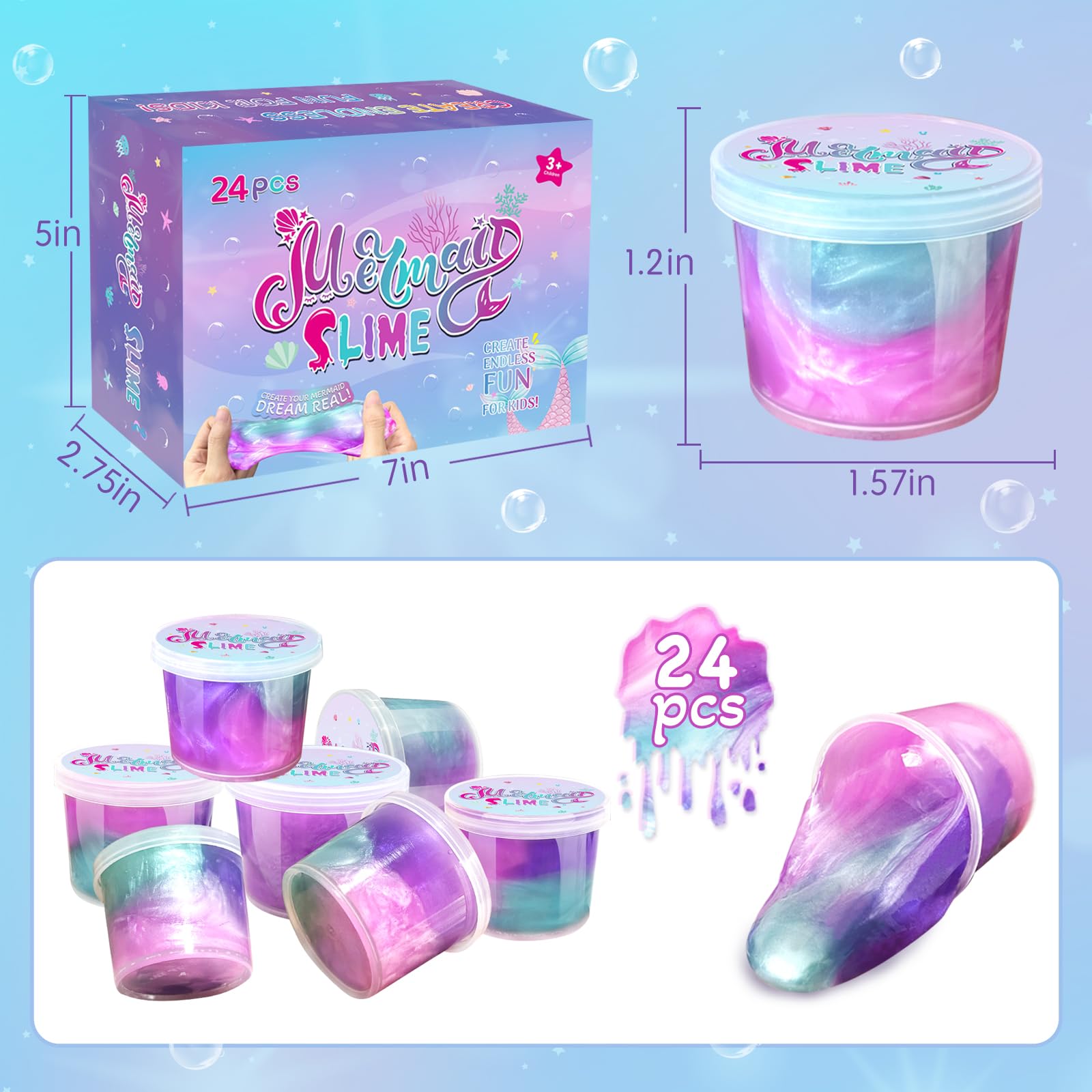 NPNE mermaid slime purple mini cups—stretchy, non-sticky play perfect for classroom rewards.