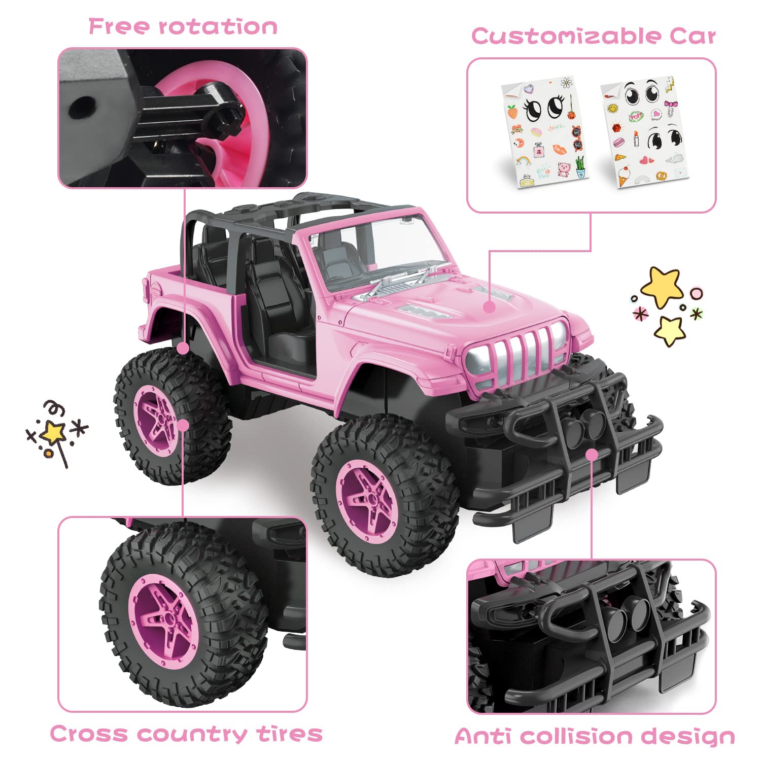 NQD pink RC car front view highlights sleek convertible styling.