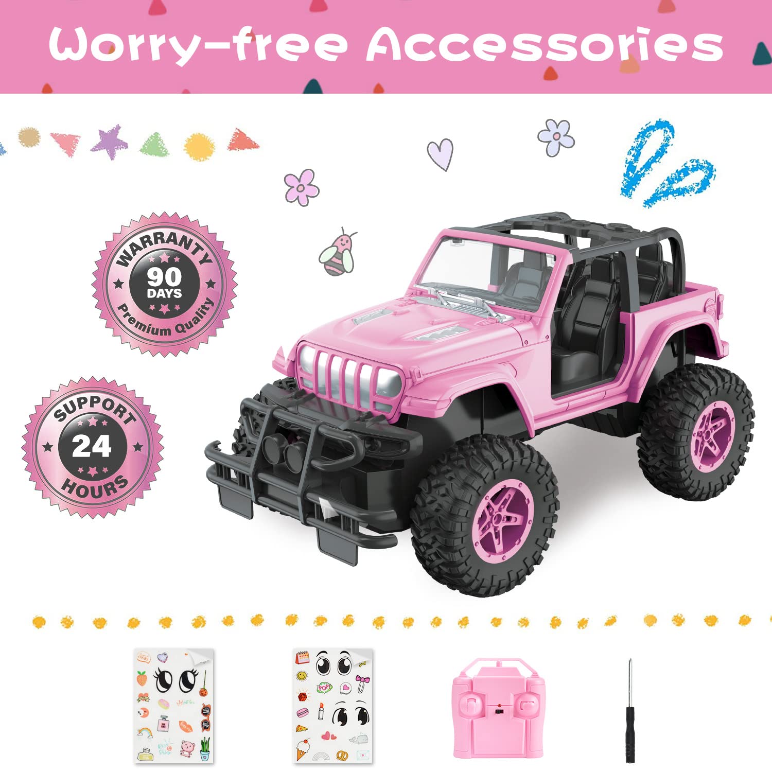 NQD pink RC car safety design with smooth edges.