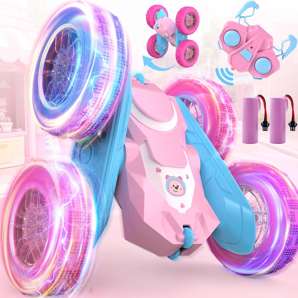 NQD remote-control car pink 360-degree spin demonstrates exciting stunts for imaginative play.