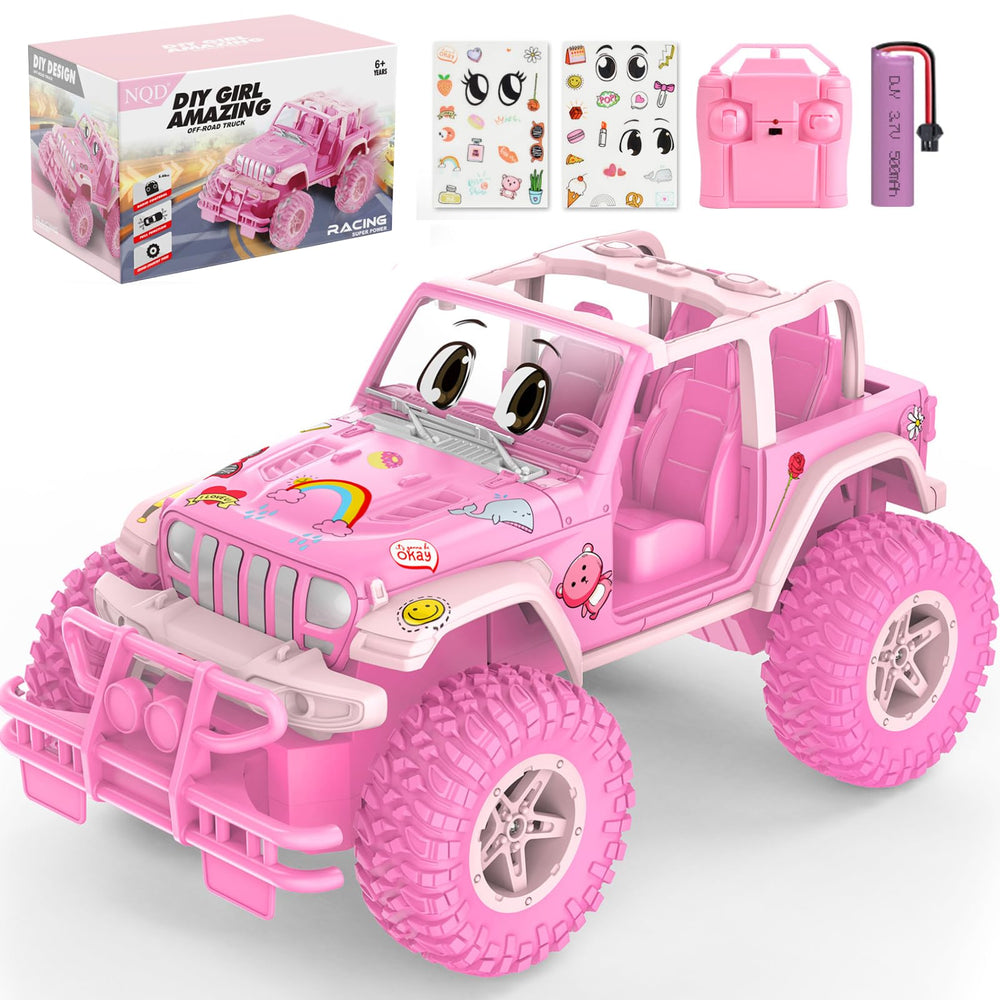 NQD remote control car with pink shell and stickers for personalized styling.