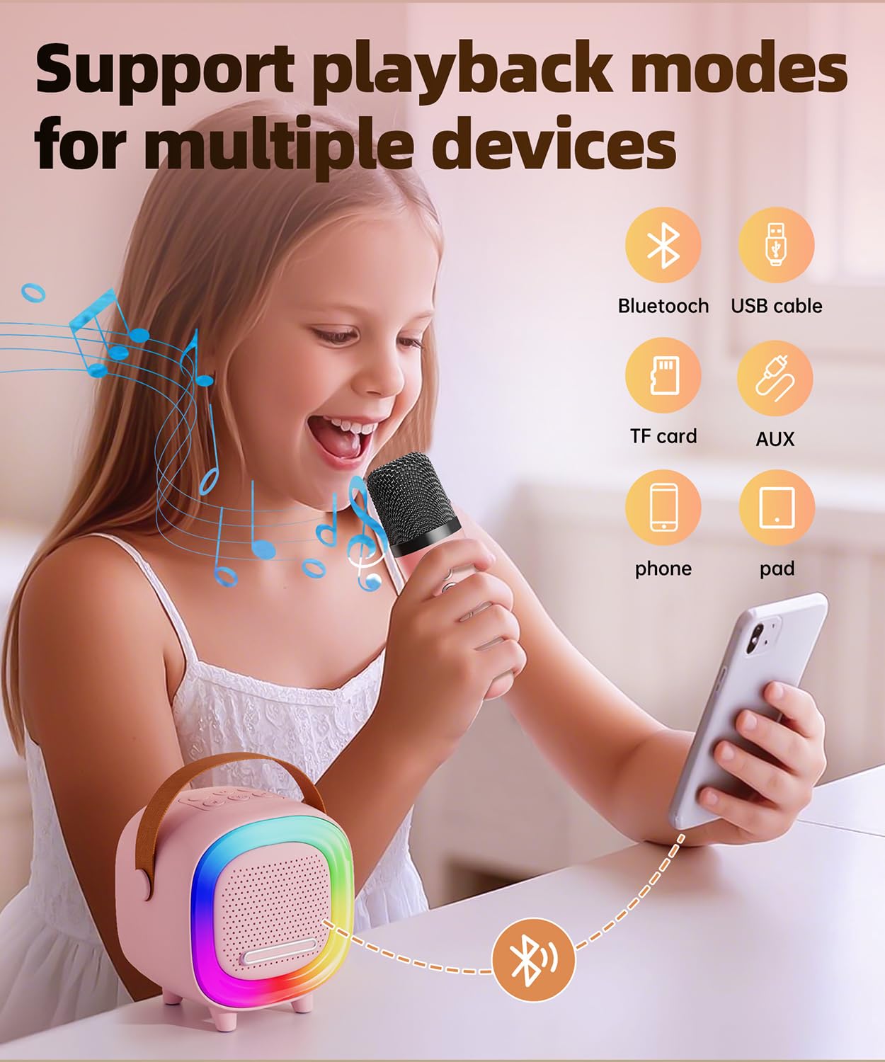 NTEEWAHY Mini Karaoke Machine 360° surround sound for immersive listening.