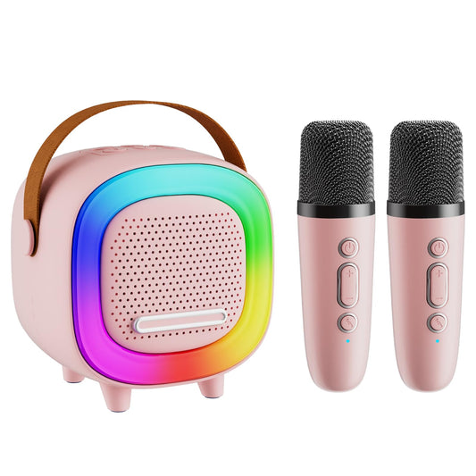 NTEEWAHY Mini Karaoke Machine front view with vibrant lights for family singalongs.