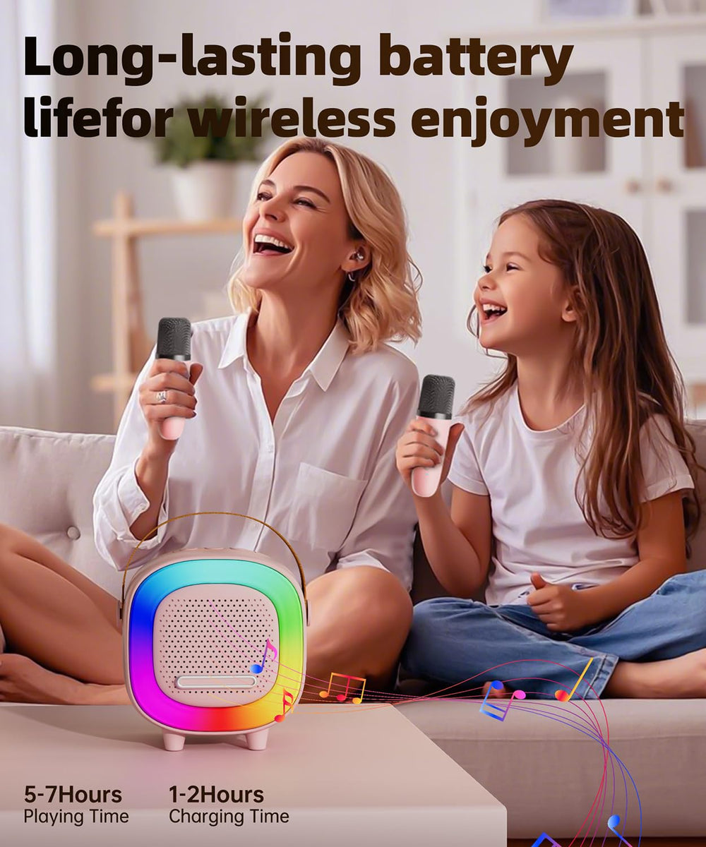 NTEEWAHY Mini Karaoke Machine LED light effects synced to rhythm for atmosphere.