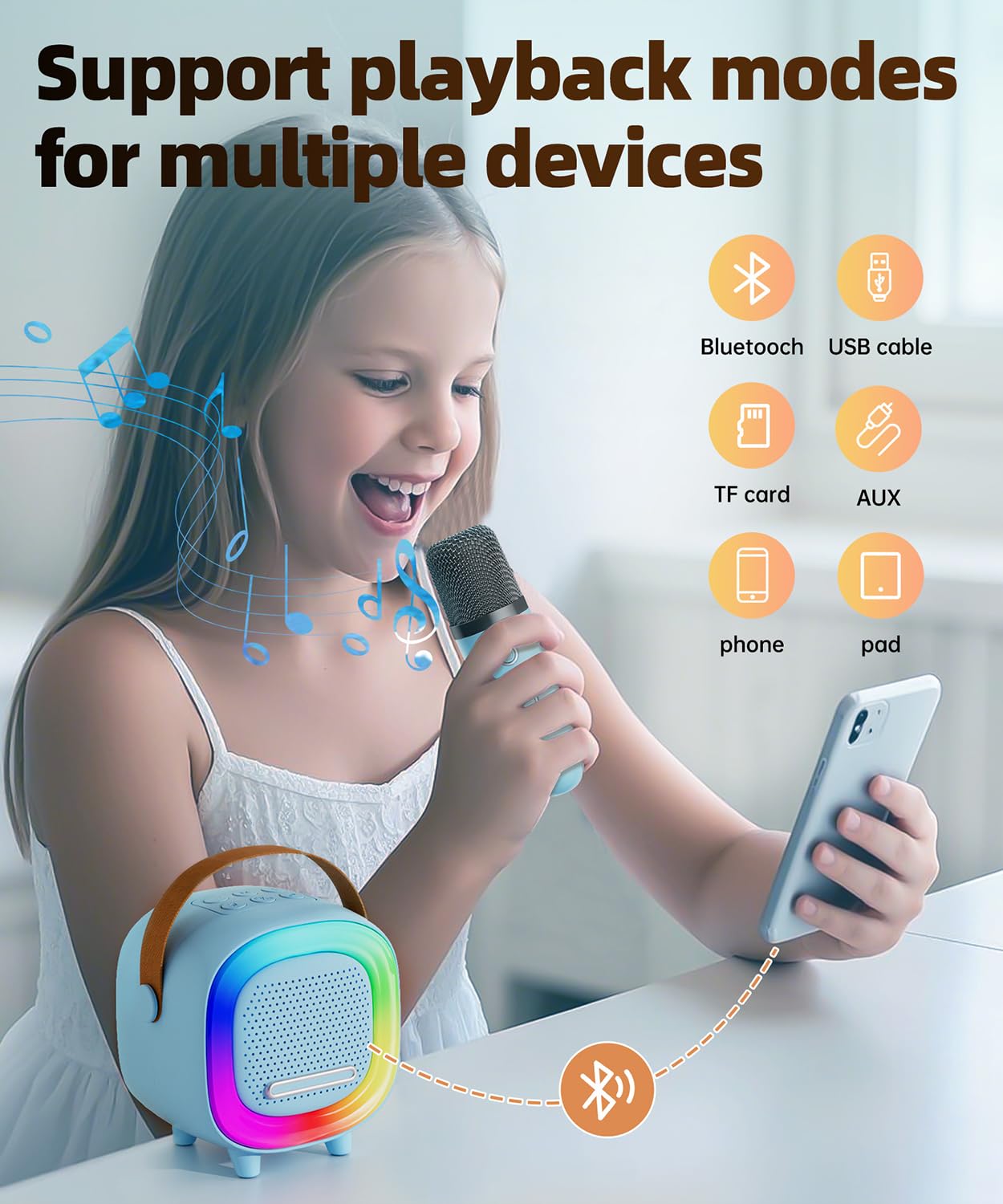 NTEEWAHY mini karaoke machine with colorful lights to elevate party mood.