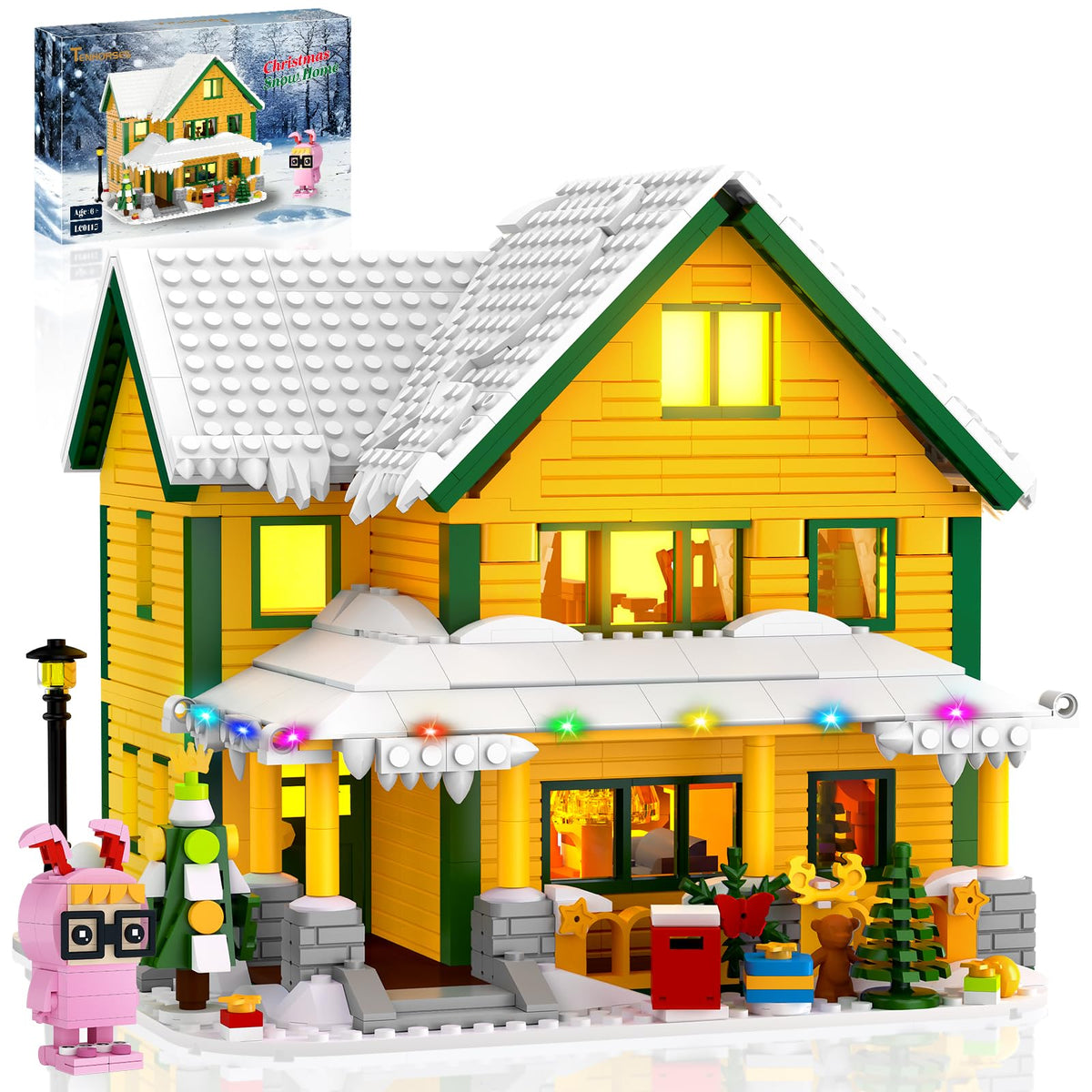 Nubee Christmas House LED interior lights illuminate the cozy living room scene.
