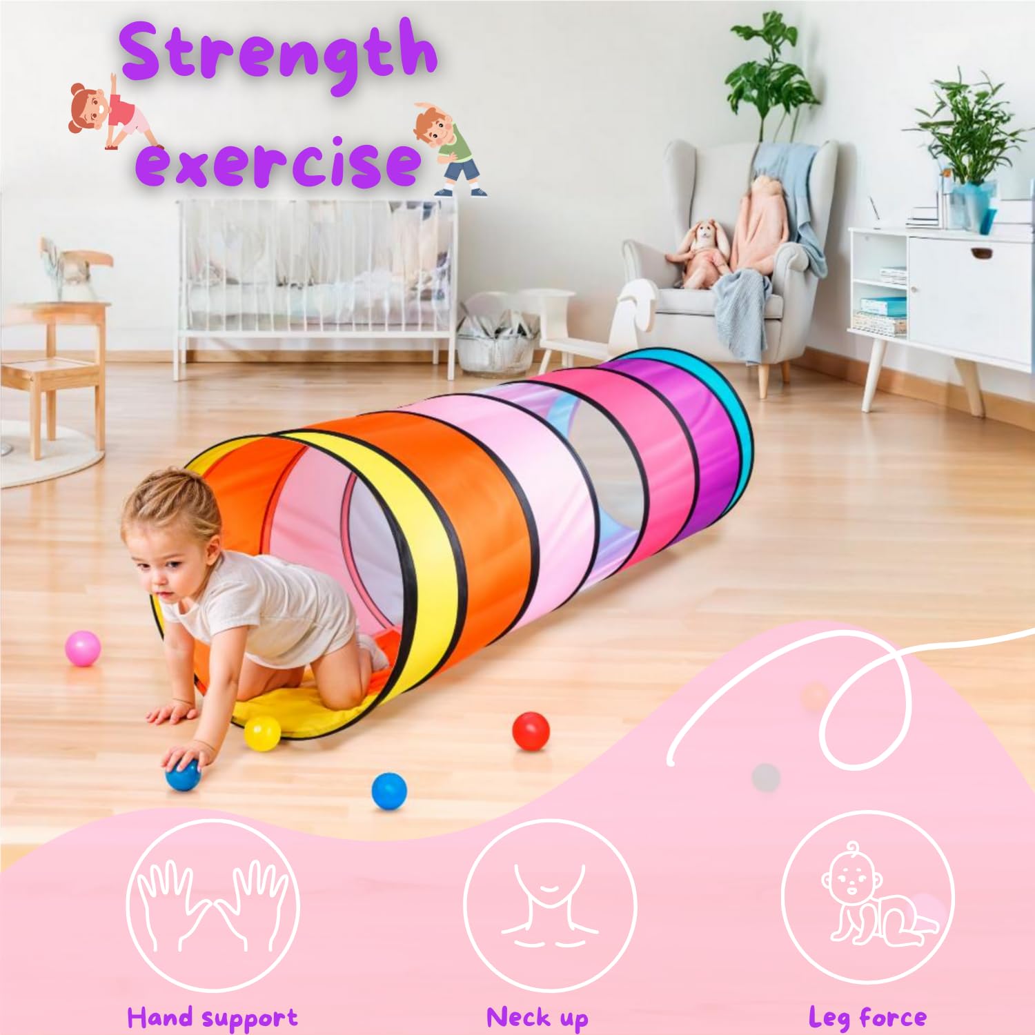 NUBUNI Kids Play Tunnel Pink: rainbow colors spark sensory play and color learning.