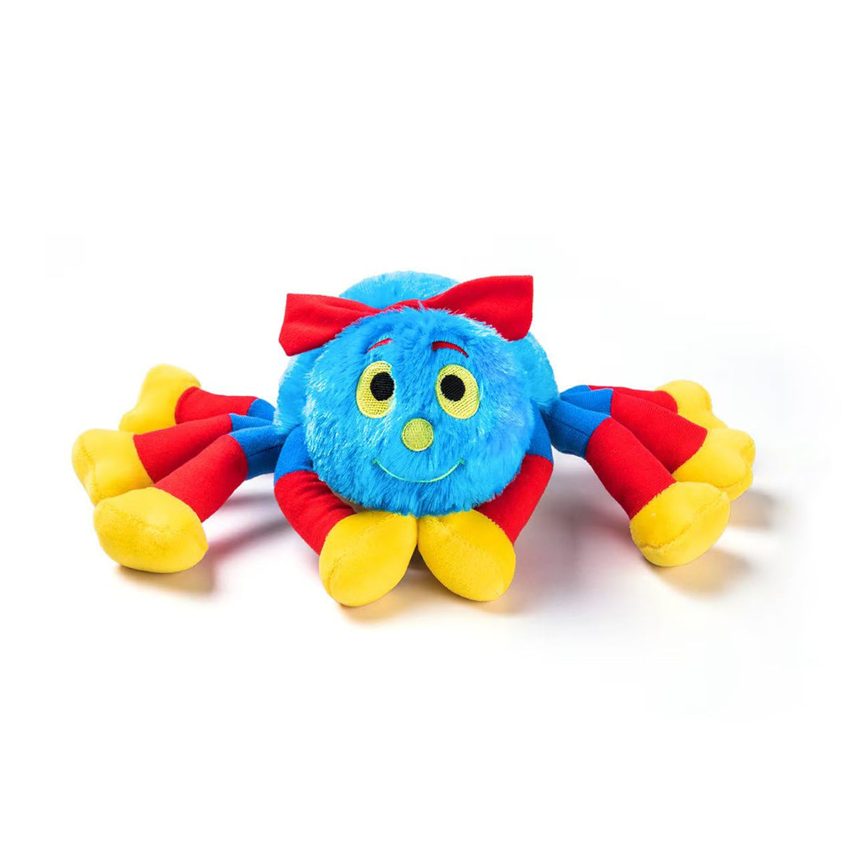 NUWDYSNN cute spider plush with blue body and red bow, inviting cozy hugs