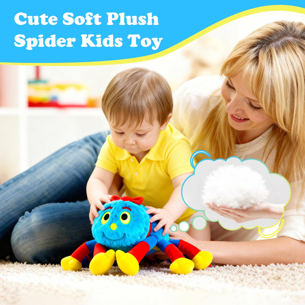 NUWDYSNN spider plush showing red and blue legs for imaginative play
