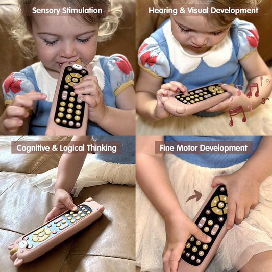 Nueplay TV remote buttons boost fine motor skills during pretend channel changing.