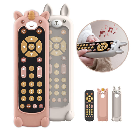 Nueplay Baby TV Remote with silicone cover supports teething sensory play and safe exploration.