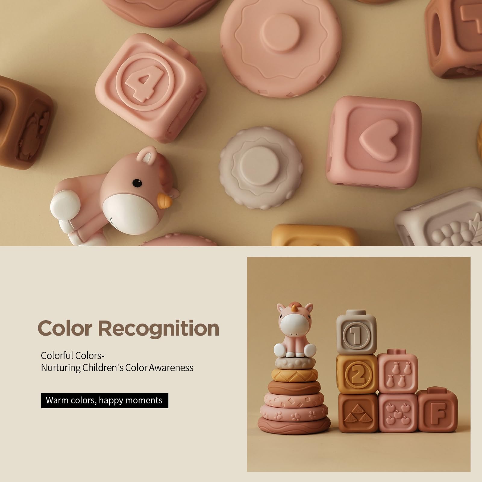 Nueplay blocks reveal numbers, letters, animals, and fruits for gentle learning.