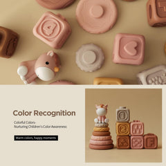 Nueplay blocks reveal numbers, letters, animals, and fruits for gentle learning.