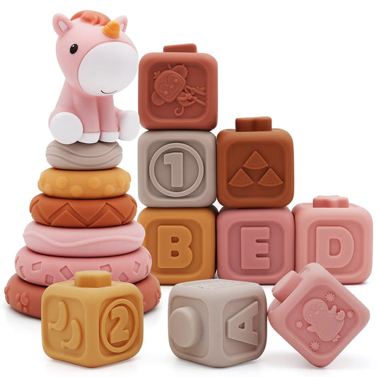 Nueplay soft rings and unicorn topper displayed together for sensory play and stacking practice.