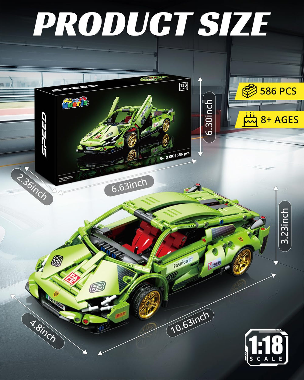 Nueris 1:18 Technic green side view highlights sleek lines for display.