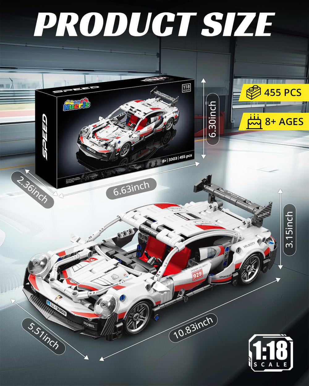 Nueris 1:18 Technic side view highlights dynamic lines for shelves