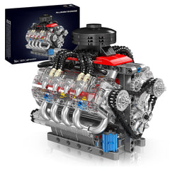 Nueris Mini V8 engine block assembly shows precise craftsmanship for display and learning.