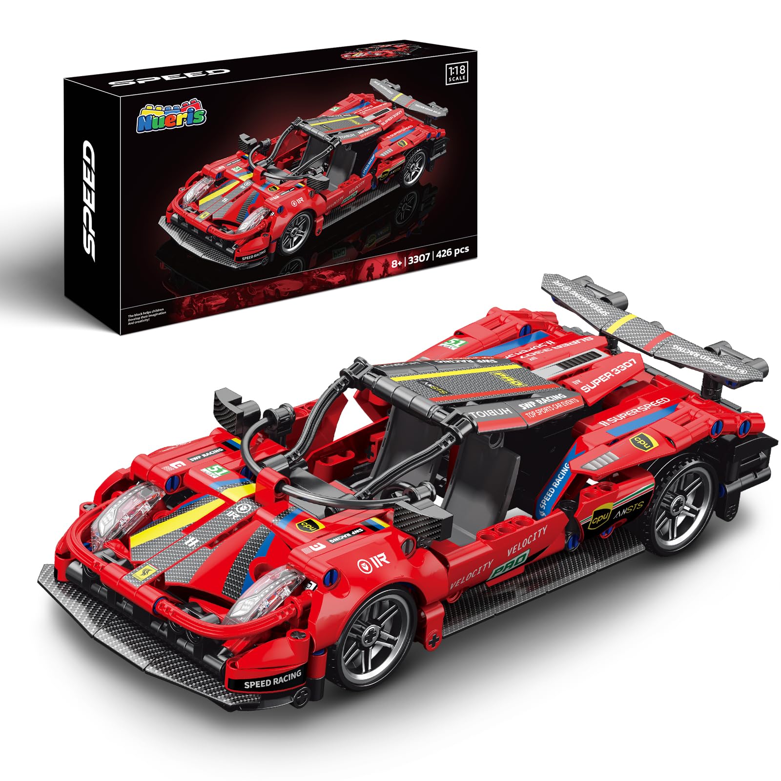 Nueris red 1:18 Technic super sports car front view with detailed decals