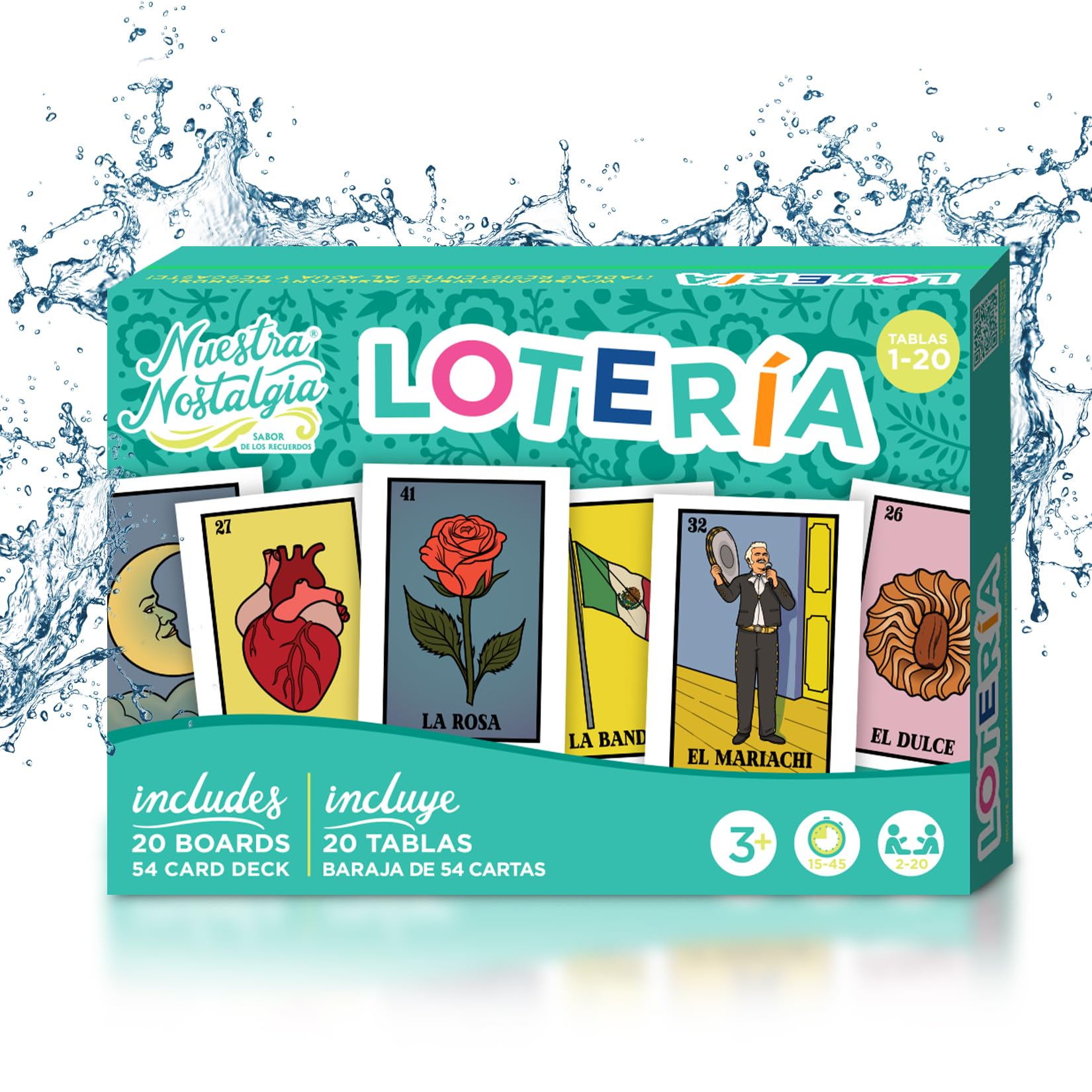 Nuestra Nostalgia Loteria boards 12x8 layout on a table for family game night