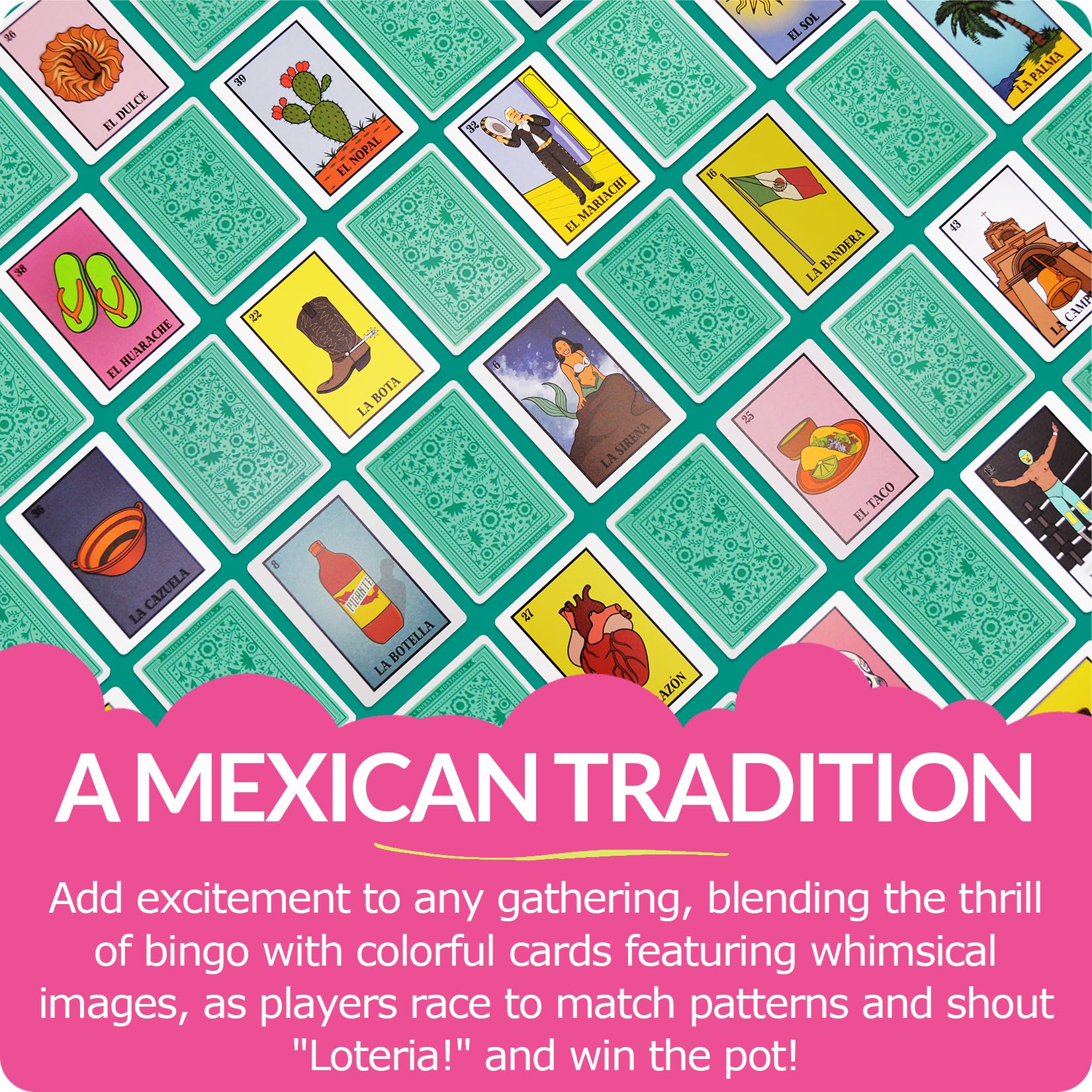 Nuestra Nostalgia Loteria party scene with cards and boards on a table