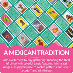Nuestra Nostalgia Loteria party scene with cards and boards on a table
