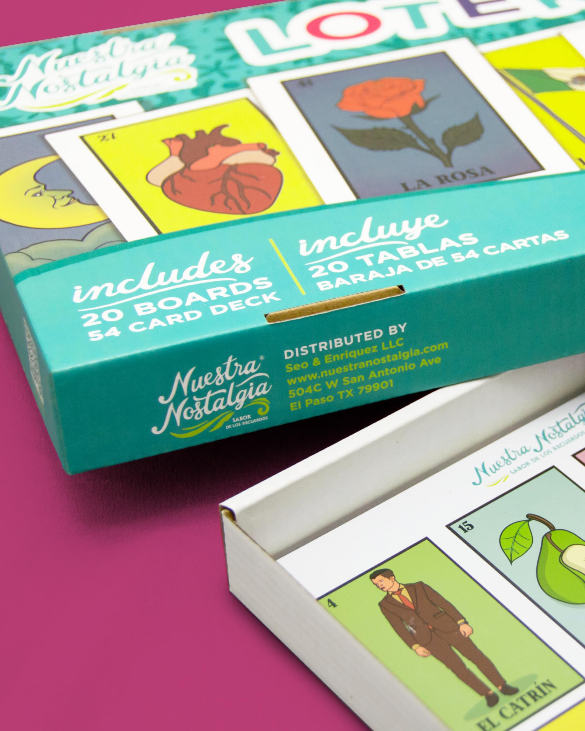 Nuestra Nostalgia sturdy storage box protects boards and cards during storage.