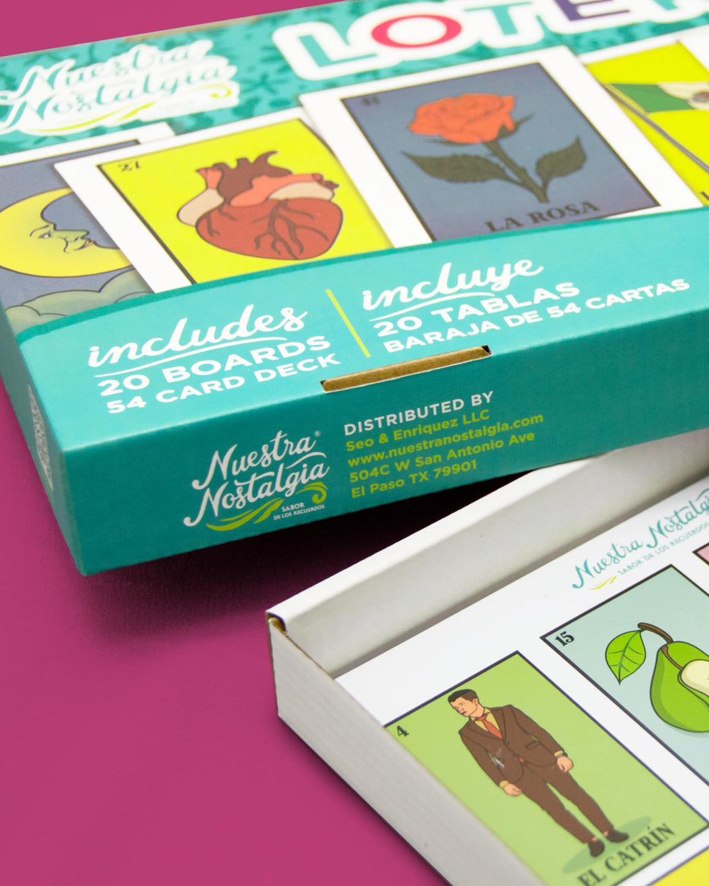 Nuestra Nostalgia sturdy storage box protects boards and cards during storage.