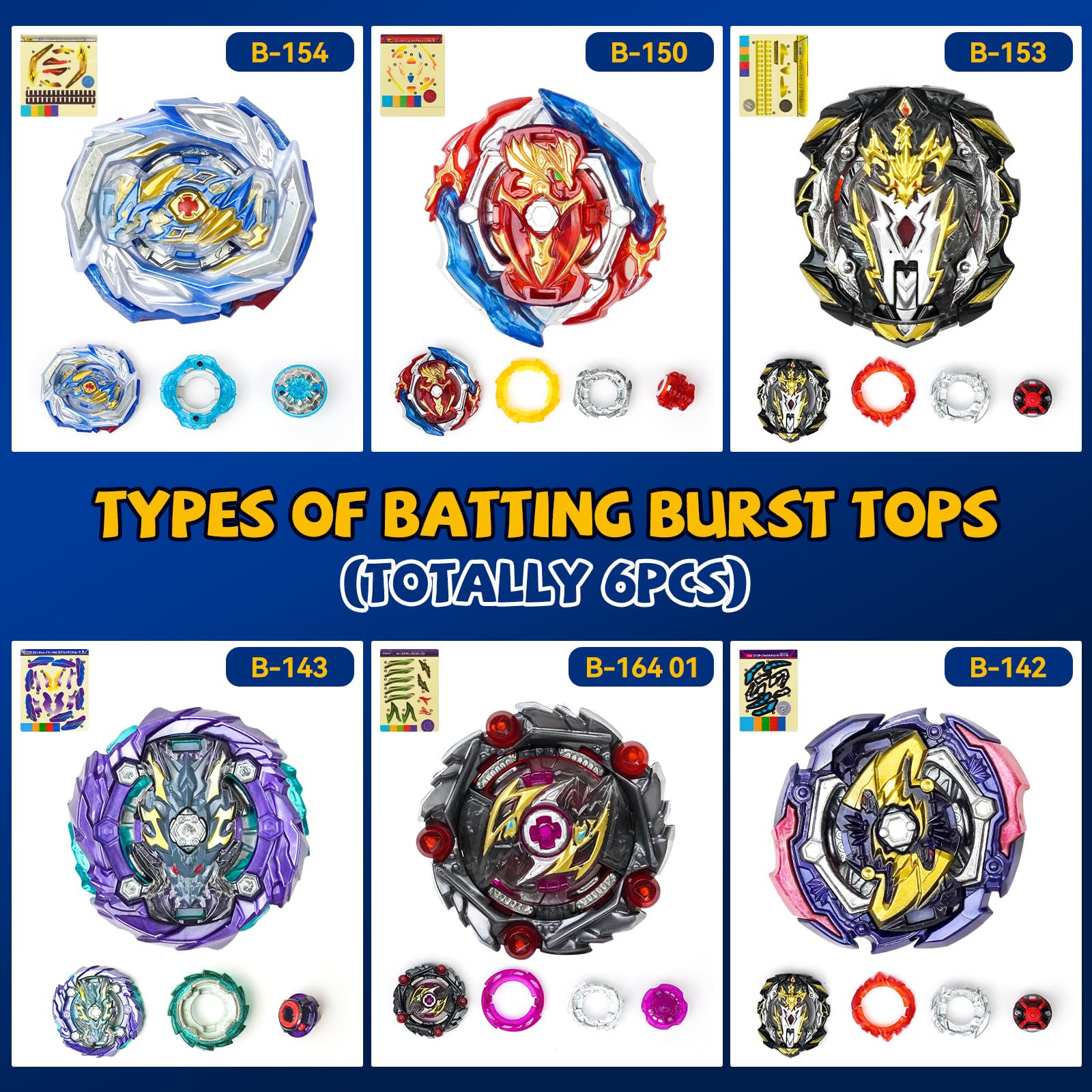 Six burst tops included for intense, color-rich battles and quick re-entries.