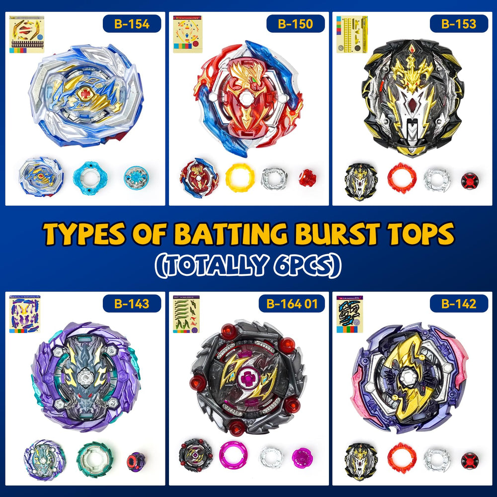 Six burst tops included for intense, color-rich battles and quick re-entries.