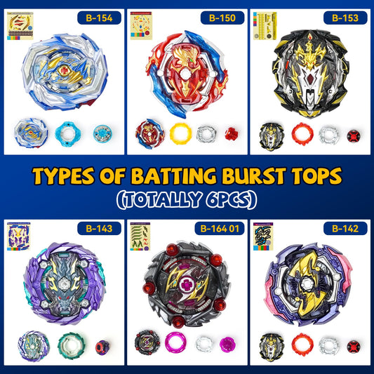 Six burst tops included for intense, color-rich battles and quick re-entries.