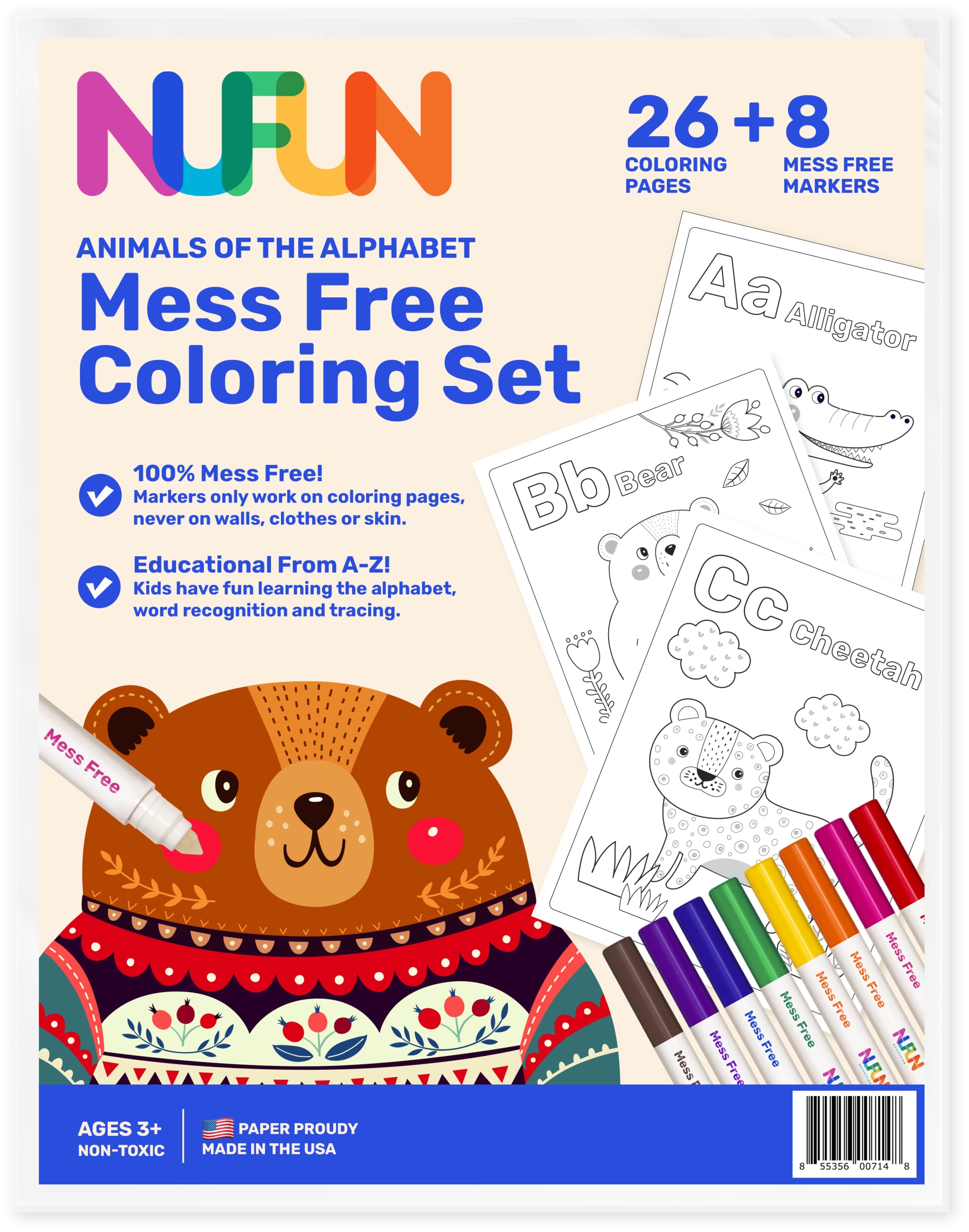 NuFun Activities mess-free coloring set packaging with kid-friendly materials.