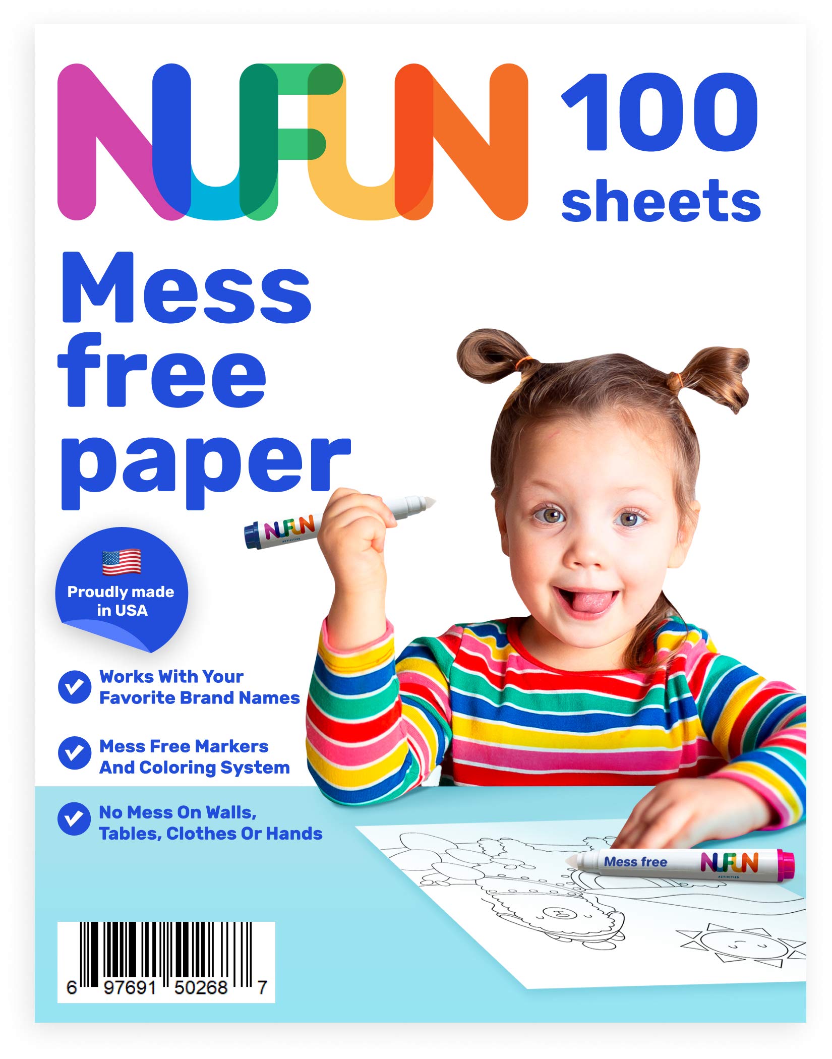 NuFun Activities mess-free paper pack for clean coloring without staining fabrics.