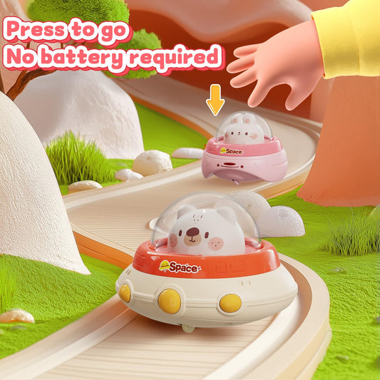 NUMBERFUN animal cars with space theme captivate babies during play.