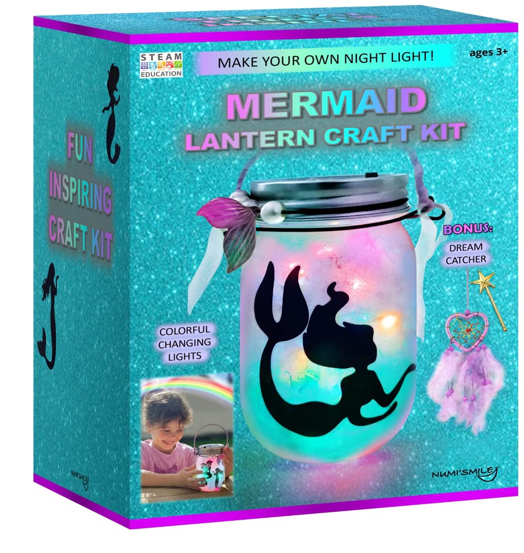 NUMI'SMILE Mermaid lantern assembly showing a colorful DIY jar project for kids
