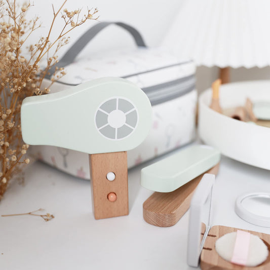 Nunukids wooden makeup tools close-up highlighting tactile kid-friendly details.