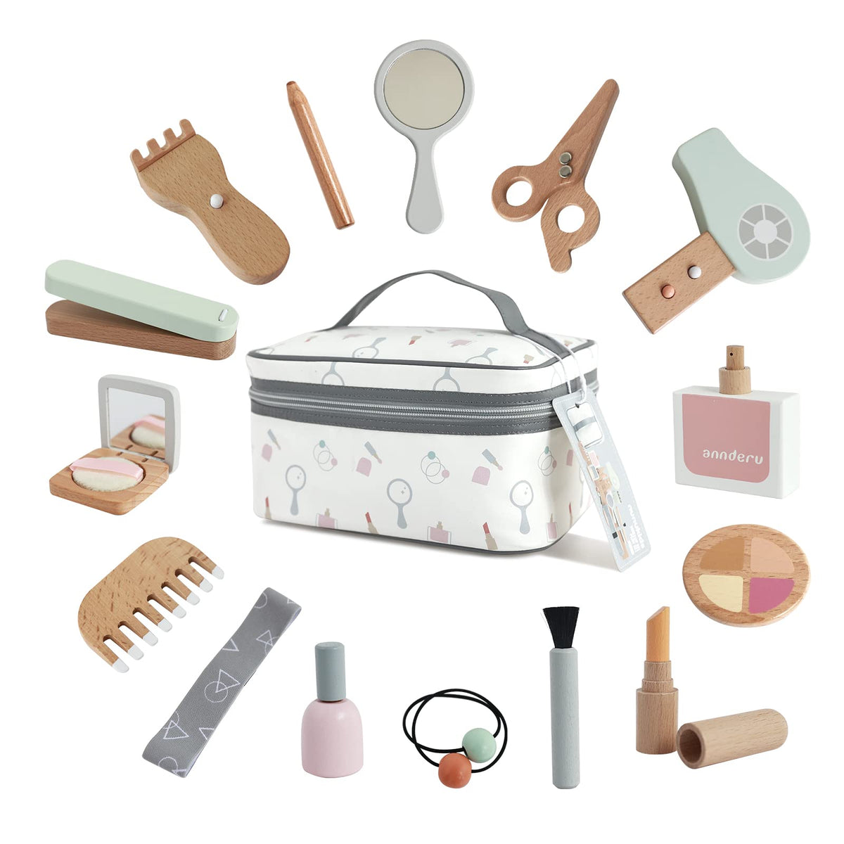Nunukids wooden makeup toy set with pink cosmetic bag for imaginative play.